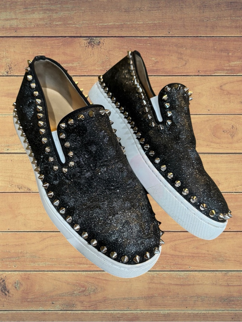 Christian Louboutin Authentic Pik Boat Spiked Black Glitter Slip On Sneakers - Picture 6 of 16